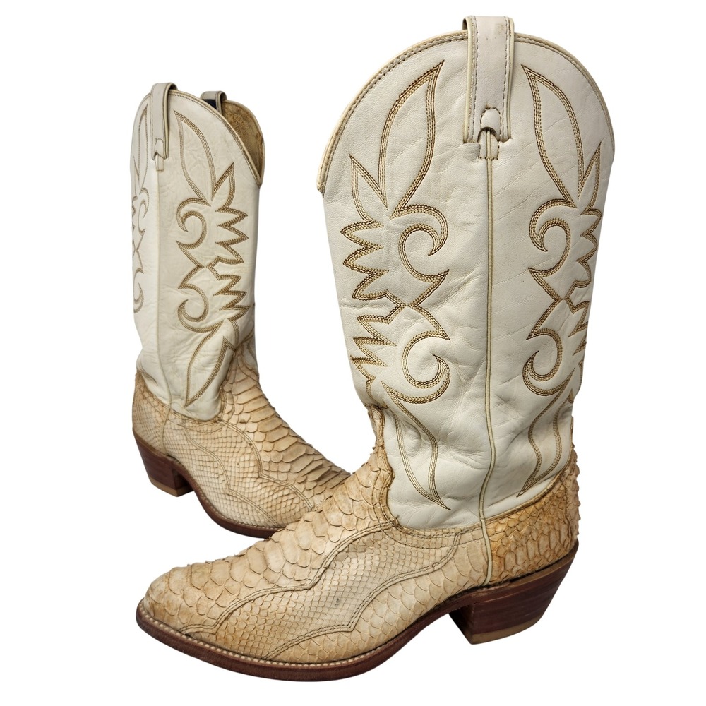 Acme Vintage Mens 9.5 D Snakeskin Western Cowboy Boots Cream Tan 5141 USA